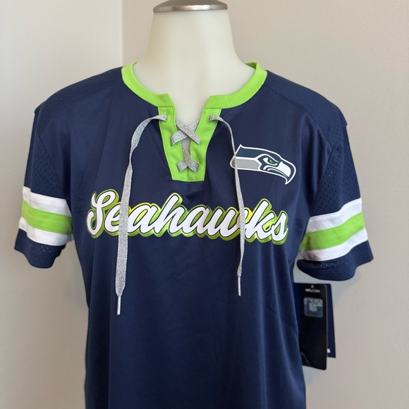 Seattle Seahawks Navy Blue and Green Lace Up Wilson Fanatics Jersey - Picture 2 of 9